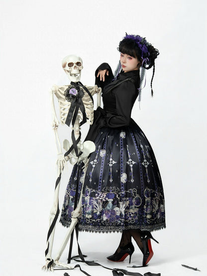 Purple Rosette and Skull Print Gothic Lolita Corset Under Bust JSK Dress - Sweetheart Love Song