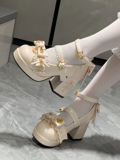 Beige High-heel Lolita Heel Starry with Closure Magic Embroidery Shoes Hime Wand Snap