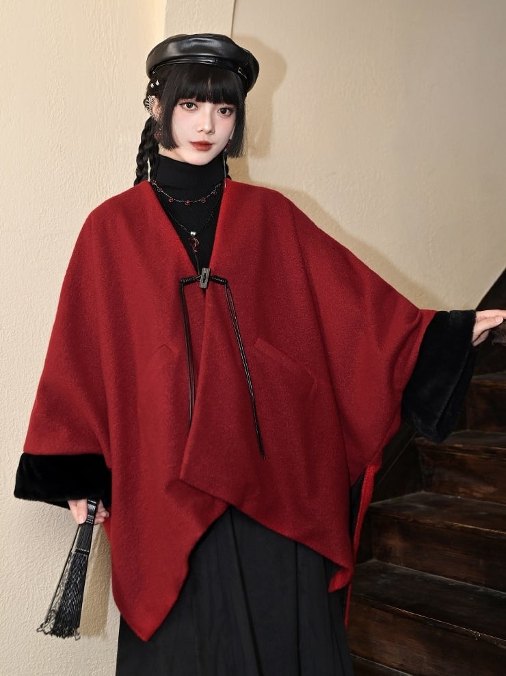 Embellished - Year Red Coat Cuffs Placket Button Plush Sleeve New Tassel Cape