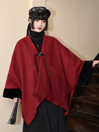 Embellished - Year Red Coat Cuffs Placket Button Plush Sleeve New Tassel Cape