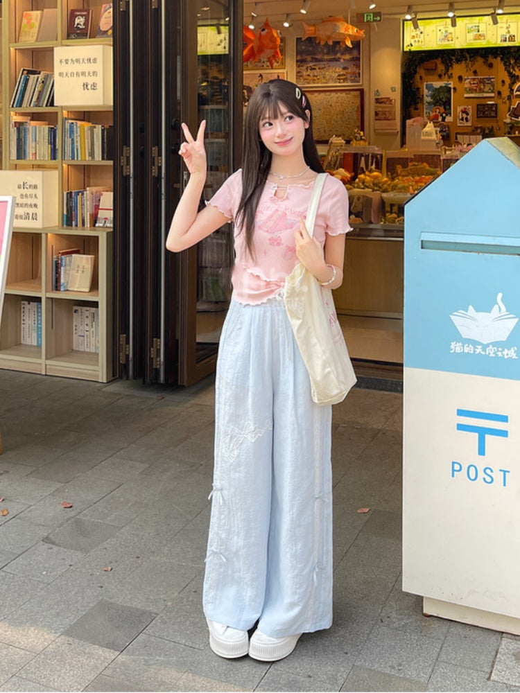 ネックラインピン スイートTシャツ ピンク/ブルー ケーキプリントディテール 裾レタス裾 大きなリボン