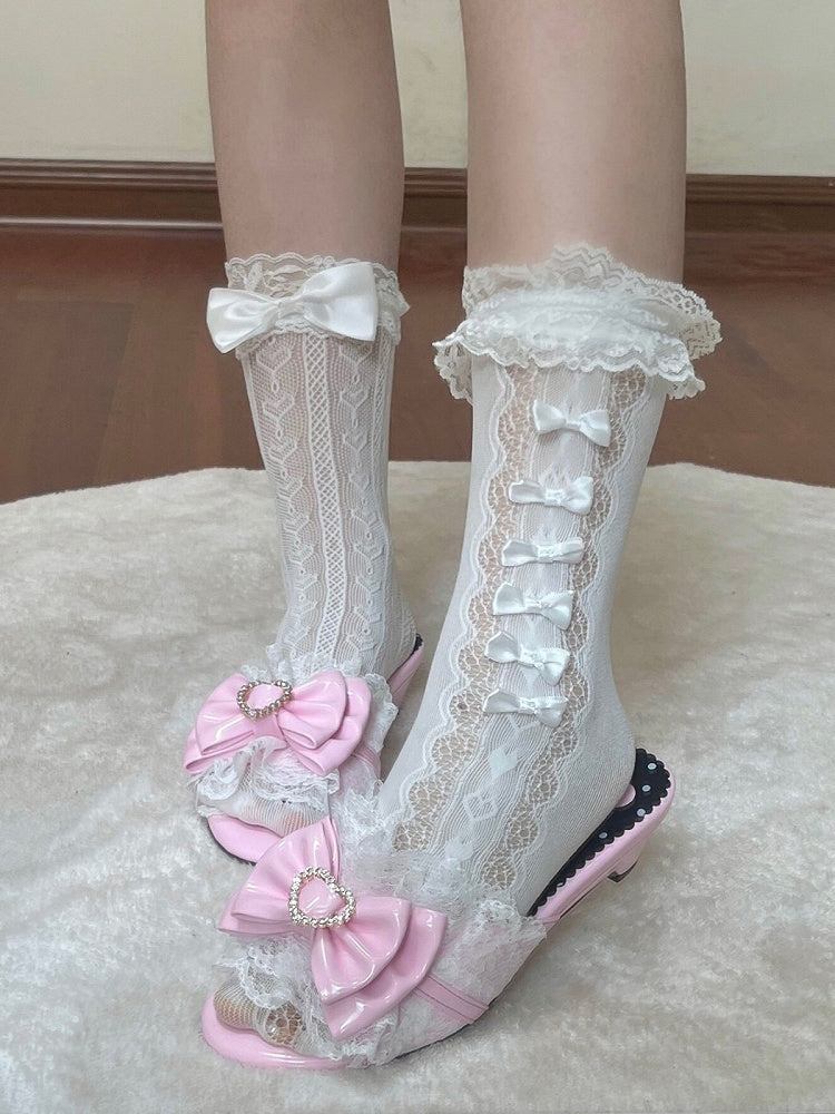 Bowknot & Lace Trim Sandals with Detachable Heart Buckle - LilGyaru