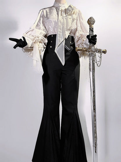 Beige Long Sleeves Jacquard Ouji Style Shirt with Rose and Bead Chains + Black High Waisted Flared Pants Set - Unknown Star