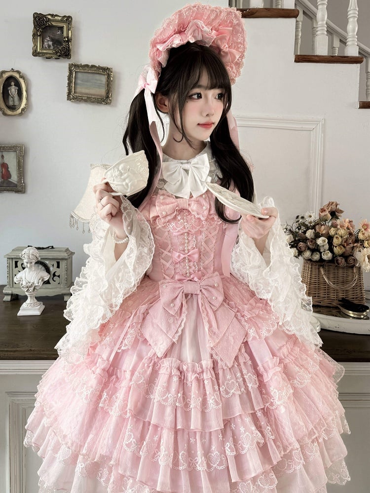 Multi-Layer JSK Trim Lace Bow Details Cute Pink Princess with Bead Sweet Dress
