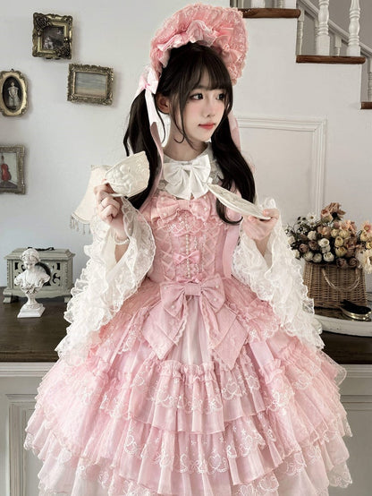 Multi-Layer JSK Trim Lace Bow Details Cute Pink Princess with Bead Sweet Dress