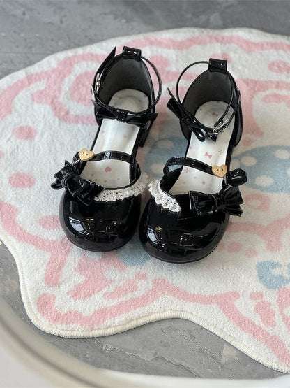 and with PU Sandals Black Lolita Accents Leather Sweet Bow Lace Low-Heel