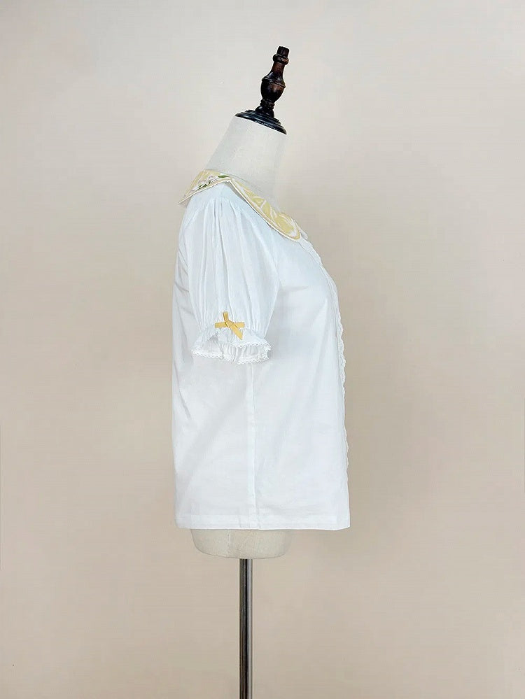 ピーターパン ホワイト ショート レモン スリーブ シャツ イエローカラー プリント