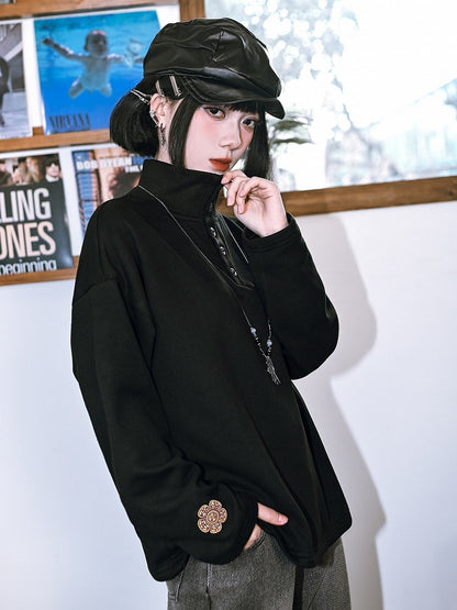 Long Sleeve Partial Placket - Gothic Black Neck Button Top Mock with Design