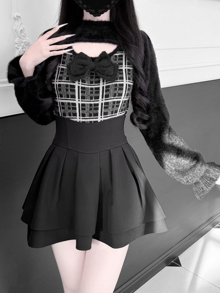 Landmine Mink Knit: Plush in Soft Open-Bust Gray Plaid Style Black Sweater