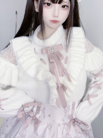 Soft Lace Top: in Faux White Jirai Kei Knit Criss-Cross Shoulder Pink Cutouts Sleeve Style Mink