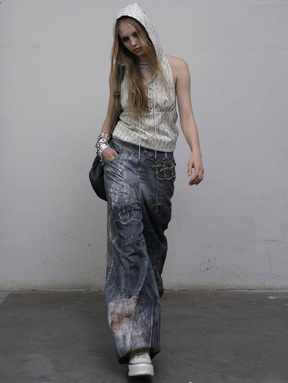 Print Spitzenjeans Schnitt Weites Bein Blau Kette Punk Wasteland Details