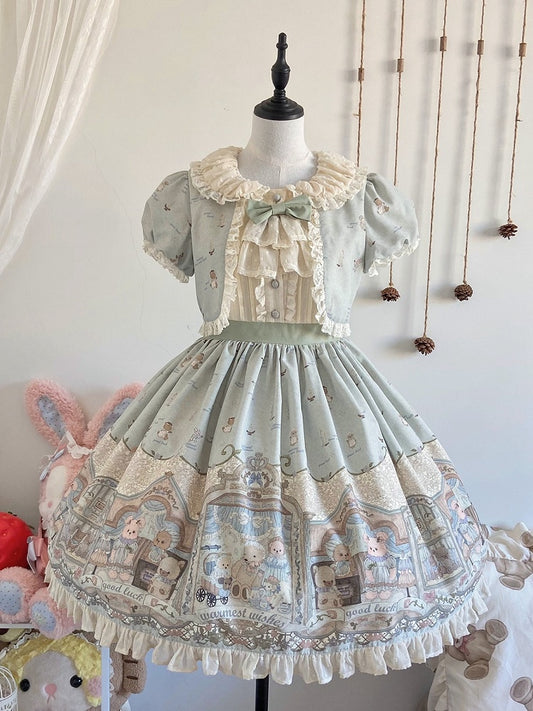Green Sweet Teddy Lolita Dress Fake Two-pieces Design