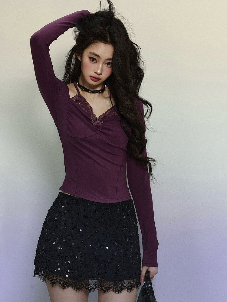 Purple Lace Butterfly Cutout Halter Neck Long-Sleeve Top