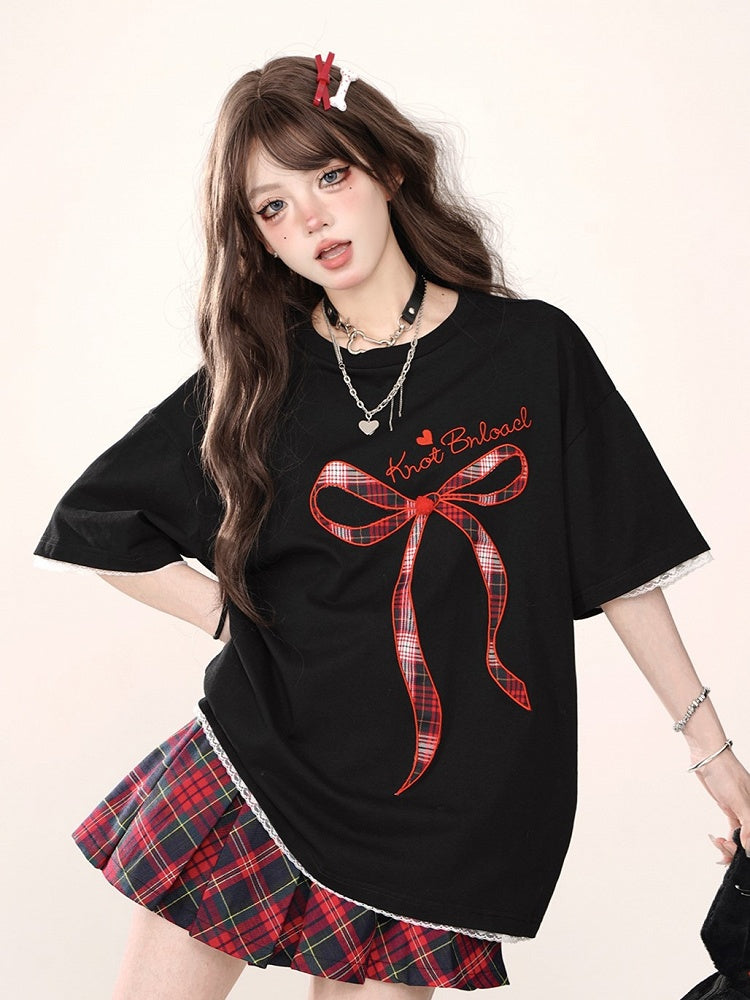 Black Oversized Lace-Trim T-Shirt with Embroidered Lettering  Plaid Bow Accent