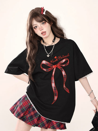 Black Oversized Lace-Trim T-Shirt with Embroidered Lettering  Plaid Bow Accent