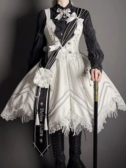 Sash White Motif Black Striped Bow Lolita and Embroidered Military with