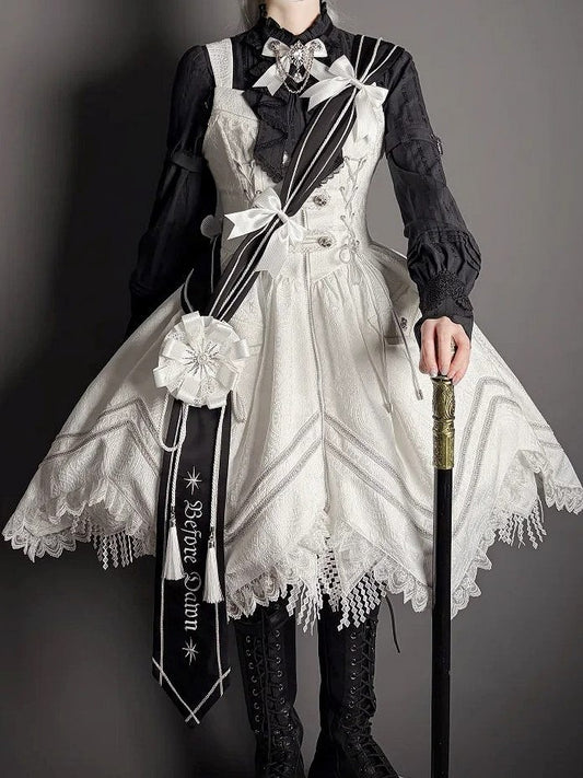 Sash White Motif Black Striped Bow Lolita and Embroidered Military with