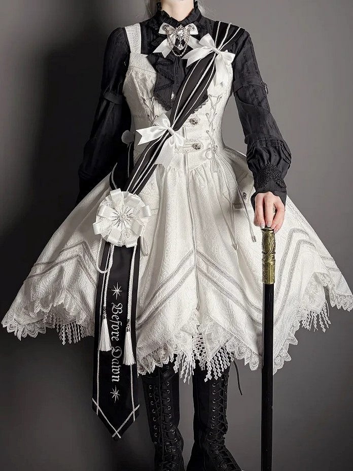 Hem Details with Dress Handkerchief White Zipper Military Jacquard Corset Lolita