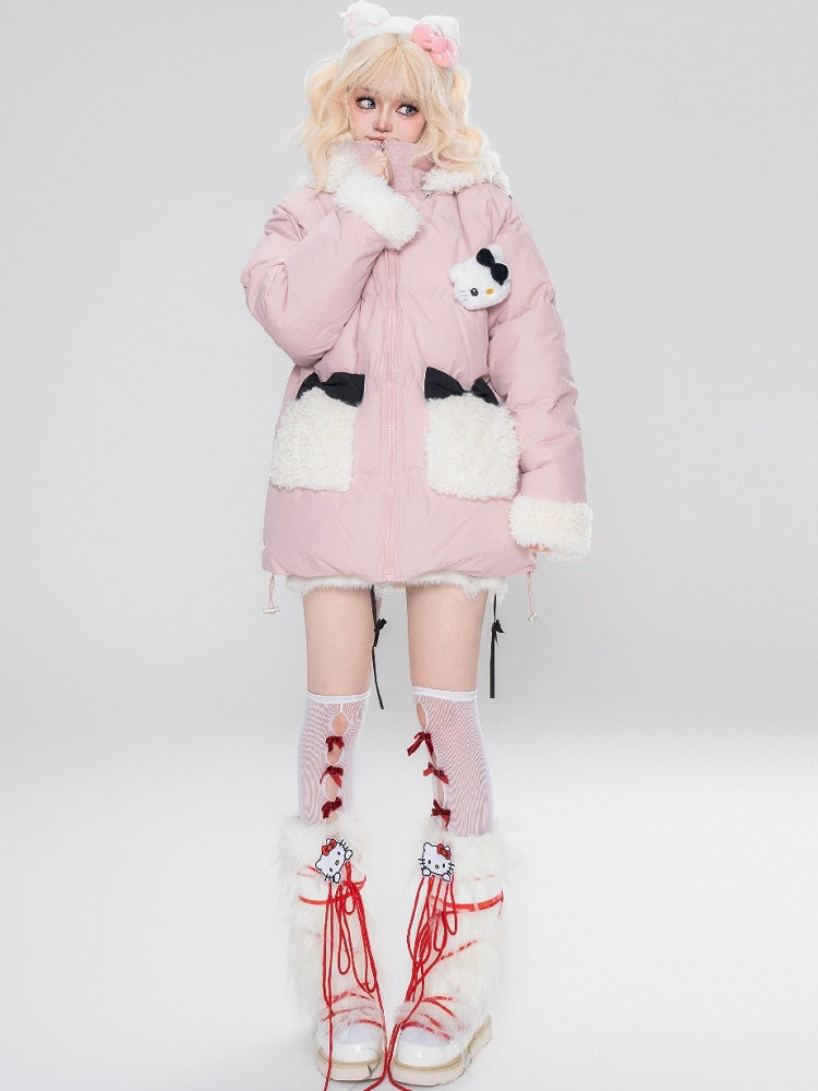 Rosa/schwarze Pufferjacke mit Kapuze und Plüschbündchen mit Kätzchen-Verzierung