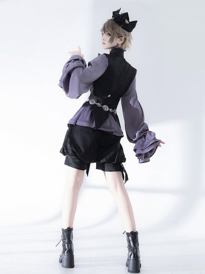 袖付きパープルネックラインのビショップ・ポエット・フリルブラウス