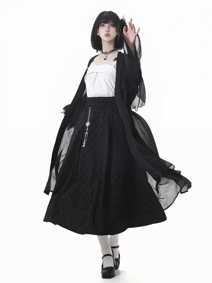 タッセルチャーム付き水玉スカート ブラック ウエストゴム チャイナドレススタイル