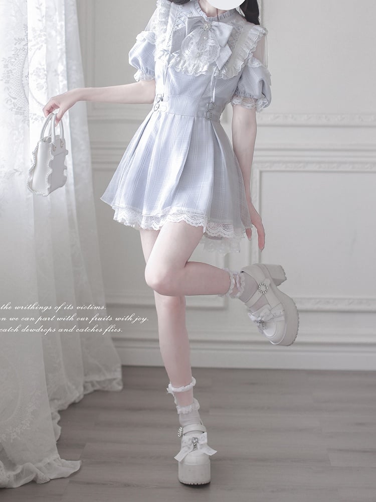 Shoulder Cutout Dress Dusty Blue Jirai Kei Plaid with