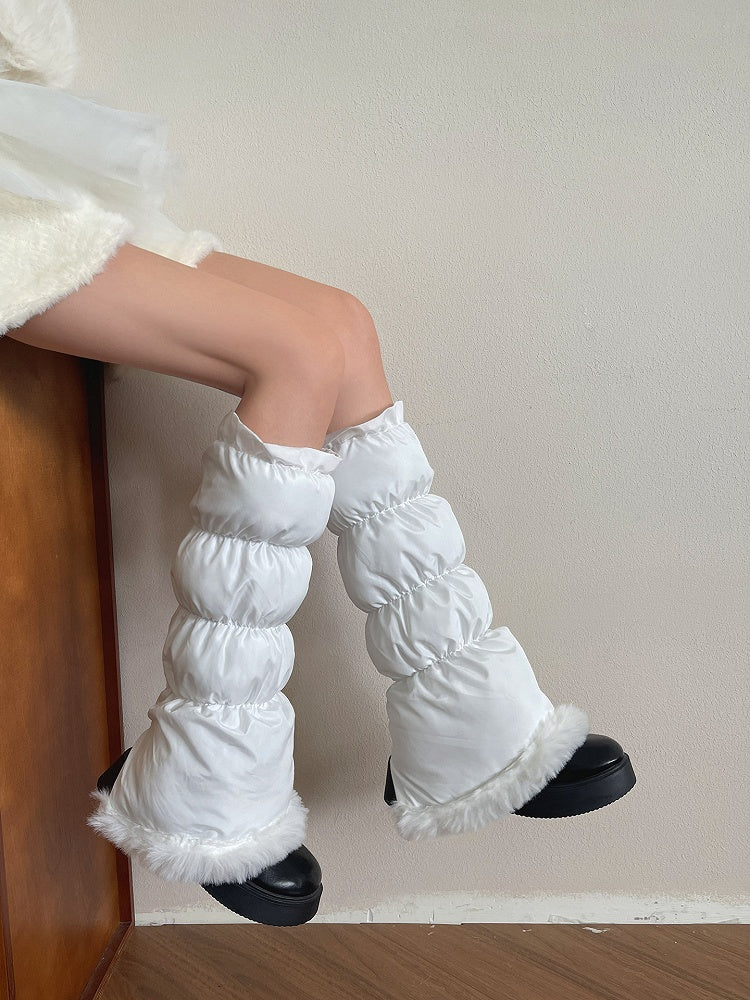 White Leg Plush-Trimmed Warmers Puffer