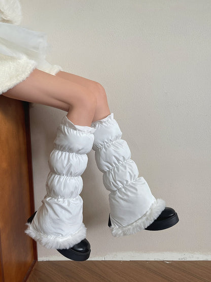 White Leg Plush-Trimmed Warmers Puffer