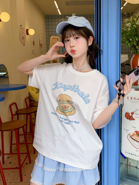 Neck White Round Long Capybara Burger Print T-Shirt Version