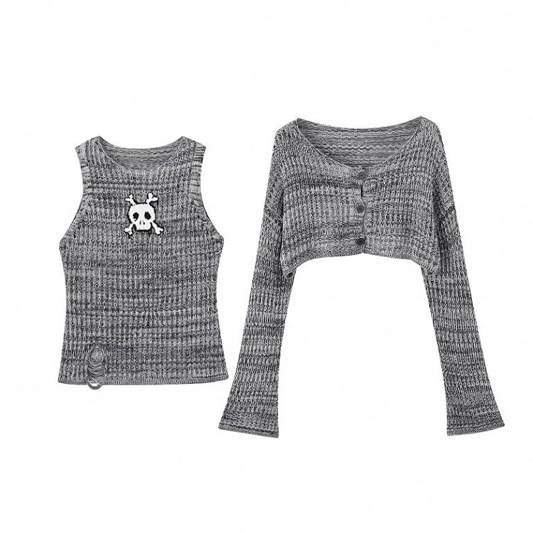 Set Y2K Gray Skeleton Distressed Tank Top with Cardigan Glamorous Holes Pattern