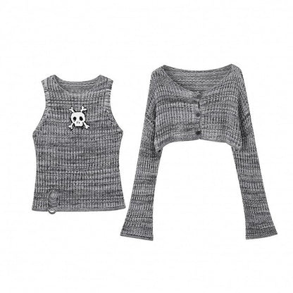 Set Y2K Gray Skeleton Distressed Tank Top with Cardigan Glamorous Holes Pattern