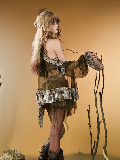 トップス カットアウトショルダー ダークパンク ウェイストランドスリーブ セミシースルーデザイン ロングVネック ブラウン