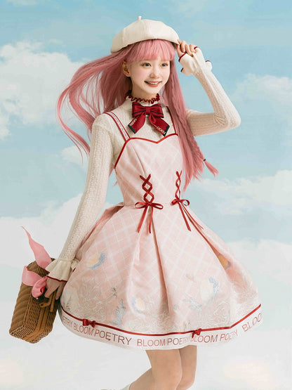 フリルアプリコット、リボン結び、ロングトップ、レッドスリーブ、ネックライン