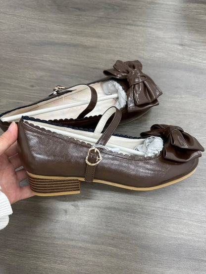 Bow with Brown Snap Janes Decor Sweet Heeled Fastener Heart 3cm Mary Lolita