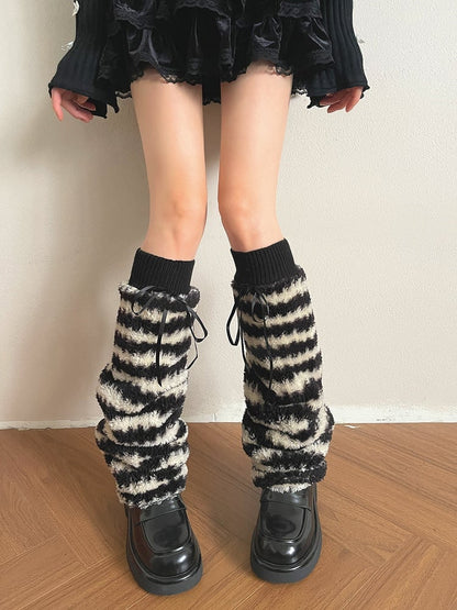 Black Bows Warm Fuzzy Pattern Leg Beige Warmers Y2K Striped with
