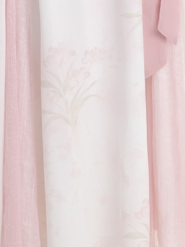 Light Pink Hanfu-Inspired Floral Print Skirt with Self-Tie Waist Design - Unknown Star