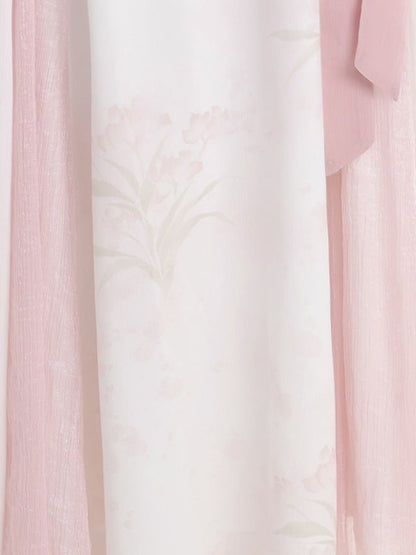 Light Pink Hanfu-Inspired Floral Print Skirt with Self-Tie Waist Design - Unknown Star