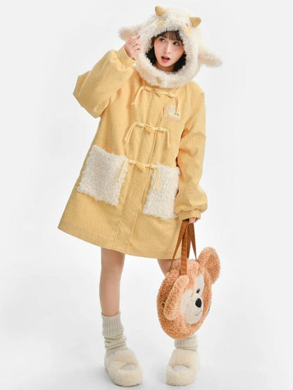 Milchgelber süßer Cord-Dufflecoat mit Lammkapuze