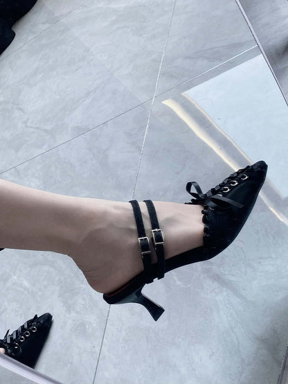Slingback Pointed Gothic Detail Lace-up Sandals Toe Black