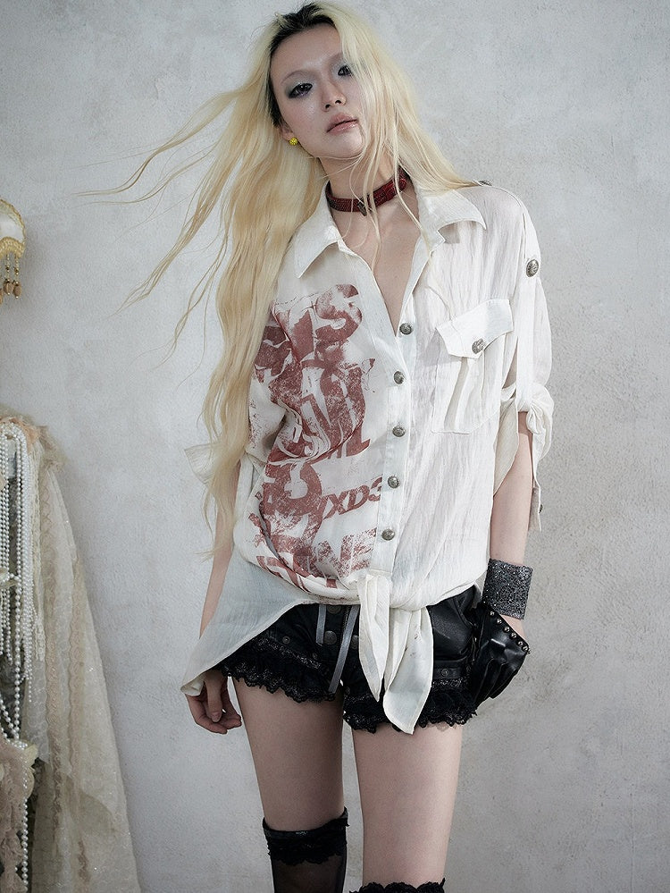 Apricot Distressed Graffiti Print Loose Long Sleeve Shirt, Punk Style - NO ROMANCE