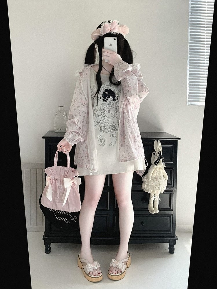 Bunny Print Hooded UV Protection Jacket, Pink & White, Ryousangata - Kitty Bxllet