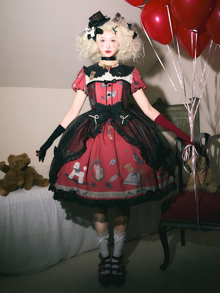 Puppy and Telephone Print Black and Red Peter Pan Collar Sweet Lolita Dress