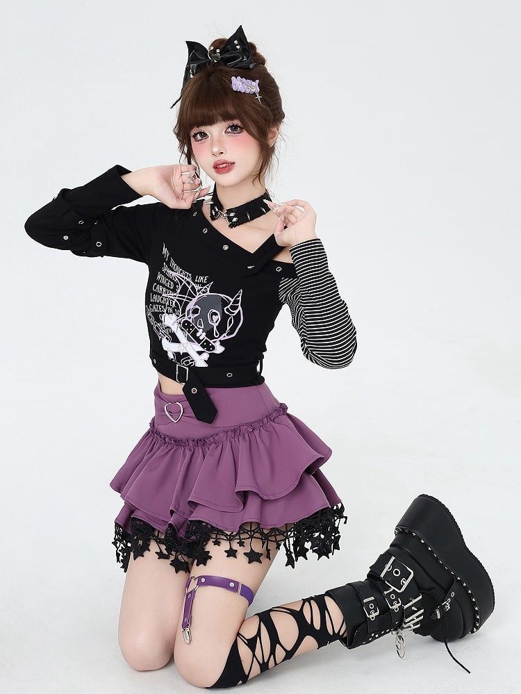Asymmetrical Devil Print Long-Sleeve Top in Black - CRAZY GIRL