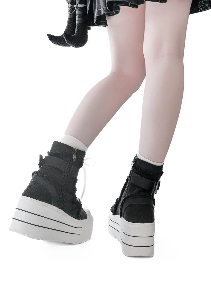 Black Punk Canvas Platform Boots with Bullhorn Buckle Hexagram Print Lace-Up Size 35 - GURURU
