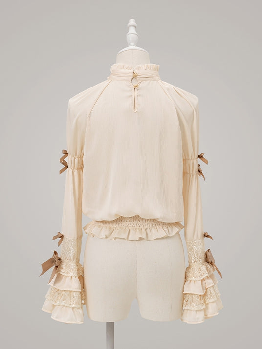 Sleeves Bell Details Rufflesand Lace Blousewith Lolita Apricot Bow