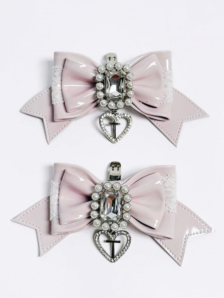 Pink Bowknot Decor Kei Shoe Jirai Black Pink/White Clips Beaded -