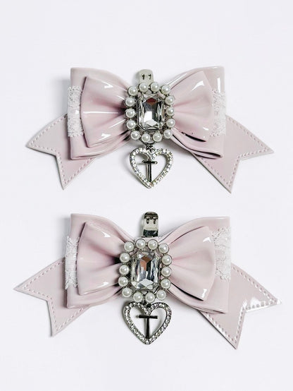 Pink Bowknot Decor Kei Shoe Jirai Black Pink/White Clips Beaded -