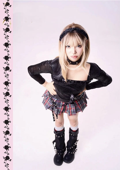 Y2K Red Plaid Punk Studded Mini Box Pleat Skirt with PU Strap and Chain