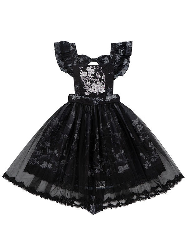 Black Floral Embroidery Flutter Sleeve Lace Trim Lolita Overlay Dress with Bow - Yimu Walnut