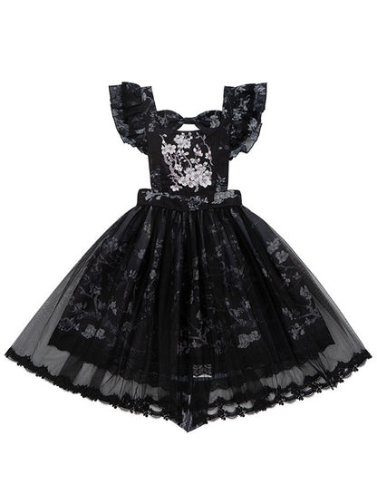 Black Floral Embroidery Flutter Sleeve Lace Trim Lolita Overlay Dress with Bow - Yimu Walnut